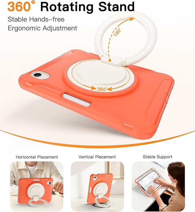 BATYUE Shockproof Case for iPad mini 7 (A17 Pro)/ Mini 6 8.3 inch (2024/2021) - 360° Multi-Angle Stand (Portrait &amp Landscape) &amp Grip Built-in Pencil Holder Coral Orange