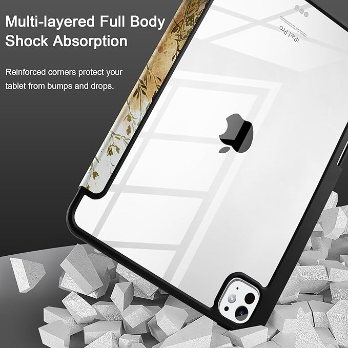 Batianda Case for New iPad Pro 11 inch 2025 M5 2024 M4 Chip [Built-in Pencil Holder] Trifold Stand Shockproof Cover with Clear Transparent Back Shell Soft TPU BumperAuto Sleep/Wake Daisy