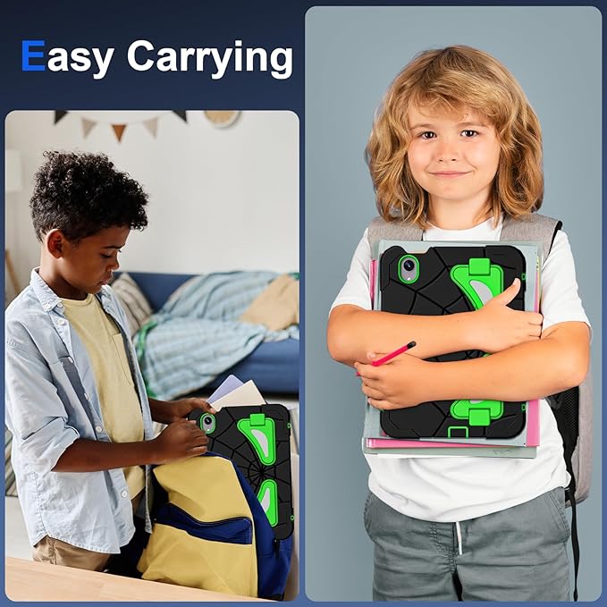 Kids Case for iPad mini 7 A17 Pro 2024/ Mini 6 8.3 inch Spider Case for iPad mini 7th 6th Generation Shockproof Durable Full Protective Cover with Pencil Holder Kickstand (Black+Green)
