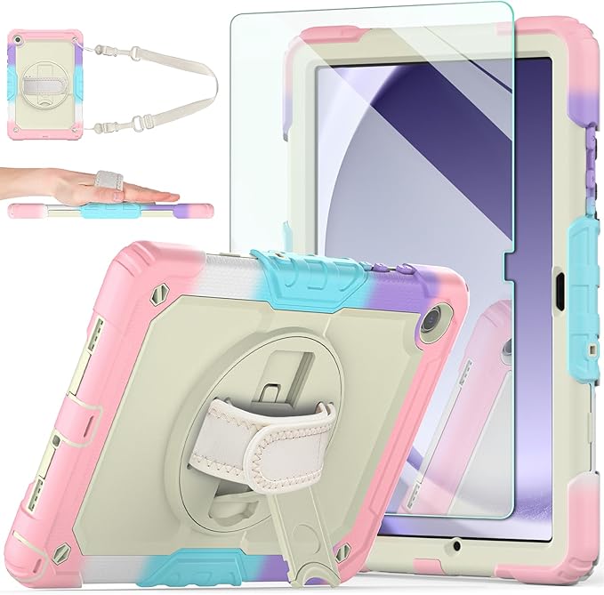 Ambison Case for Samsung Galaxy Tab A9+ Plus 11'' 2023 [Kids Proof] Full Body Protective Case with 9H Tempered Glass Screen Protector 360° Rotatable Kickstand &amp Hand Strap (Light Pink)
