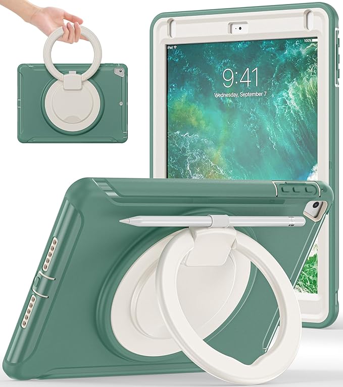 BATYUE Case for iPad 6th Generation 9.7 inch 2018 iPad 5th Gen 2017 iPad Air 2/ iPad Pro 9.7''Shockproof Protective Cover with Pencil Holder &ampRotating Kickstandfor KidsBoysGirls (Emerald Gre