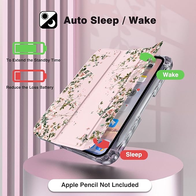 Cherry Tree iPad mini 6/7 Case (8.3) with Pencil Holder –Japanese Style Hot Pink Acrylic Cover withTri-Fold Stand Auto Wake/Sleep Fits A2567/A2568/A2569 &amp A17 Pro (Flower Blossoms) for Girls