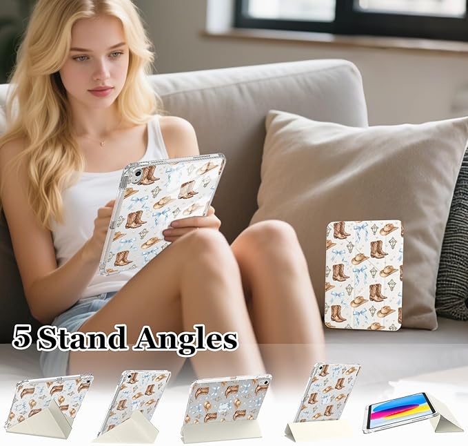 Cute Western Cowboy Bow for iPad Air5/Air4 Case with Pencil Holder Auto Sleep/Wake White Leather Acrylic Back Detachable Cover for iPad 10.9 Inch 2022/2020