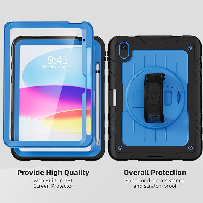 Case for iPad 10th Generation 10.9inch 2022with Built-in Screen Protector and KickstandHand StrapShoulder Strap for New Apple iPad 10.9 Inch(Black/Blue)