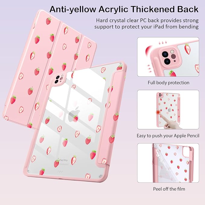 Cute Kawaii Strawberry for iPad 7th/8th/9th Generation Case 10.2 Inch 2019/2020/2021 with Pencil Holder Auto Sleep/Wake Pink Leather Acrylic Back Cover