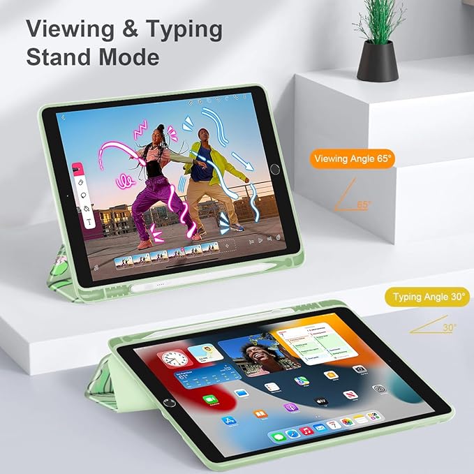 Mektron Designed Printed iPad 10.2 Case 9th Gen (2021)/ 8th Gen (2020)/ 7th Gen (2019) with Pencil Holder Slim Protective Case with Soft TPU Back for iPad 10.2 inch Flowers-Bows-Green