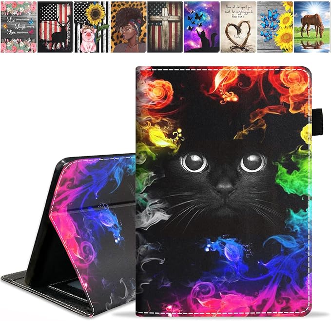 Case for Amazon Kindle Fire HD 10 Tablet 10.1 (9th/7th Generation 2019/2017 Release) Premium PU Leather Stand Cover with Smart Auto Wake Cute Black Cat Face