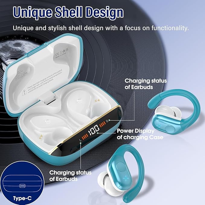 Wireless Earbuds Bluetooth 5.4 Headphones 75H Stereo Deep Bass Sports Over Ear Buds with Earhooks LED Display Bluetooth Earbuds with 4 ENC Mic IP7 Waterproof Earphone for Running Blue