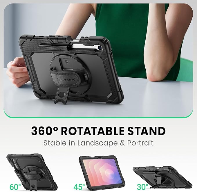 SEYMAC Case for Samsung Galaxy Tab S11 5G 2025 11 Inch Heavy Duty Shockproof Protective Case with Screen Protector 360° Rotating Stand Hand/Shoulder Strap and Pen Holder Black