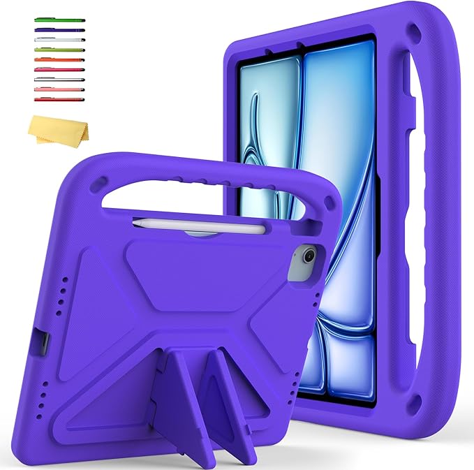 Kids Case for Apple iPad Air 11 inch M4/M3/M2 (2026/2025/2024) with Pencil Stylus Holder/Handle/Kickstand Slim Lightweight Cute Soft Shockproof EVA Folio Stand Protective Tablet Cover Purple