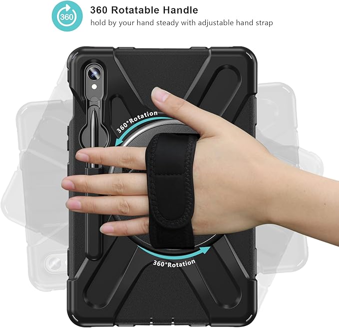 ProCase Rugged Case for Galaxy Tab S10 Lite 2025/S10 FE/S9 FE/S9/S8/S7 11 - with S Pen Holder Heavy Duty Shockproof Cover with Hand Strap 360 Degree Rotatable Kickstand Protective -Black