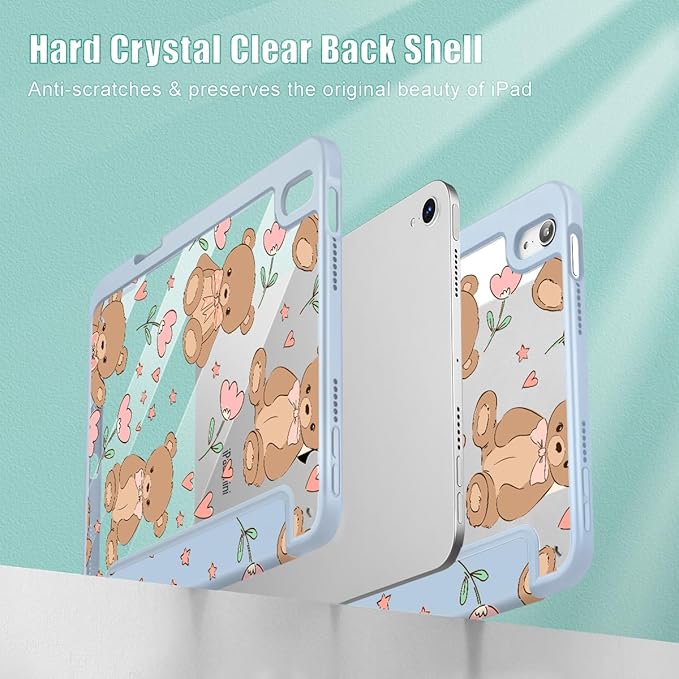 May Chen Slim Case for iPad mini 7 (A17 Pro 7th Generation) 2024 / iPad mini 6 (6th Gen) 8.3 Inch [Built-in Pencil Holder] Shockproof Cover Clear Clear Back Shell Auto Wake/Sleep Cute Teddy Bear
