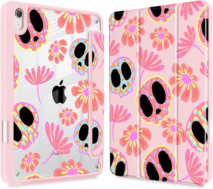 Mektron Printed Case for iPad mini 7 (A17 Pro) 2024/ Mini 6 2021 iPad mini 7th/6th Generation 8.3-inch Liquid Retina Display Cover Buit in Pencil Holder with Clear Back Shell Skull &amp Flowers Pi