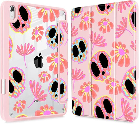 Mektron Printed Case for iPad mini 7 (A17 Pro) 2024/ Mini 6 2021 iPad mini 7th/6th Generation 8.3-inch Liquid Retina Display Cover Buit in Pencil Holder with Clear Back Shell Skull &amp Flowers Pi