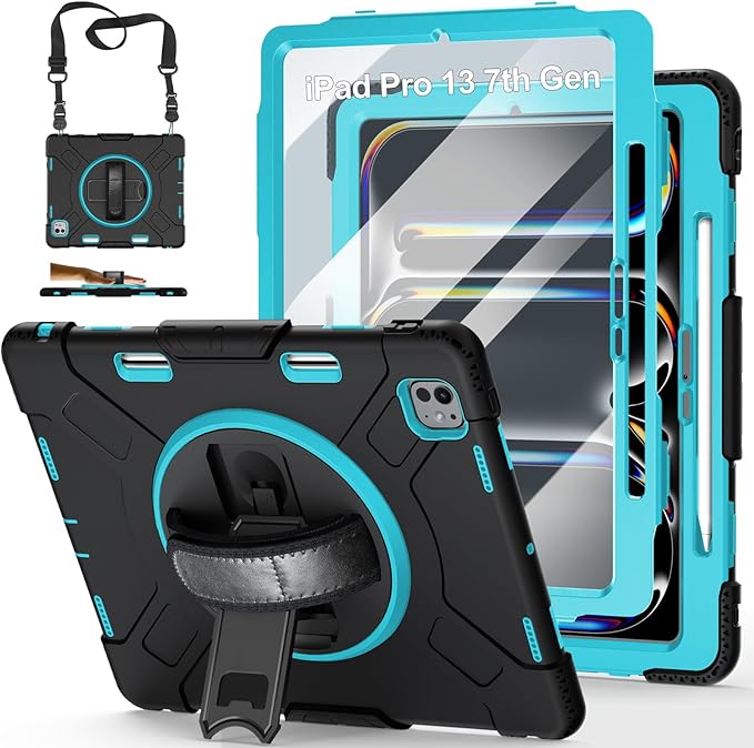 Case for iPad Pro 13 Inch M5 2025/ M4 2024: Military Grade Cover for iPad Pro 13 with Screen Protector - Stand - Handle - Shoulder Strap - Pencil Holder- Mint Green