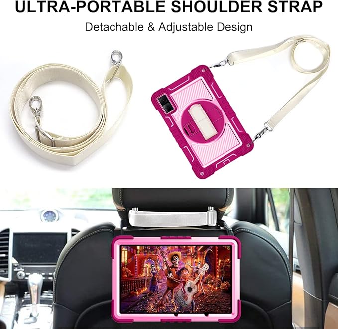 Tablet Case for Xiaomi Redmi Pad 10.61 inches 22081283G Tablet Shockproof Cover with 360° Rotating Stand and Wrist Strap Shoulder Strap Red Rose+Pink