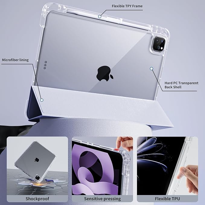 Case for iPad Air 13 Inch M3/M2 (2025/2024)iPad Pro 12.9 inch 2022/2021/2020 (6th/5th/4th Gen) | 2-in-1 Removable Clear Back Cover | Wireless Pencil Charging | Auto Sleep/WakePurple