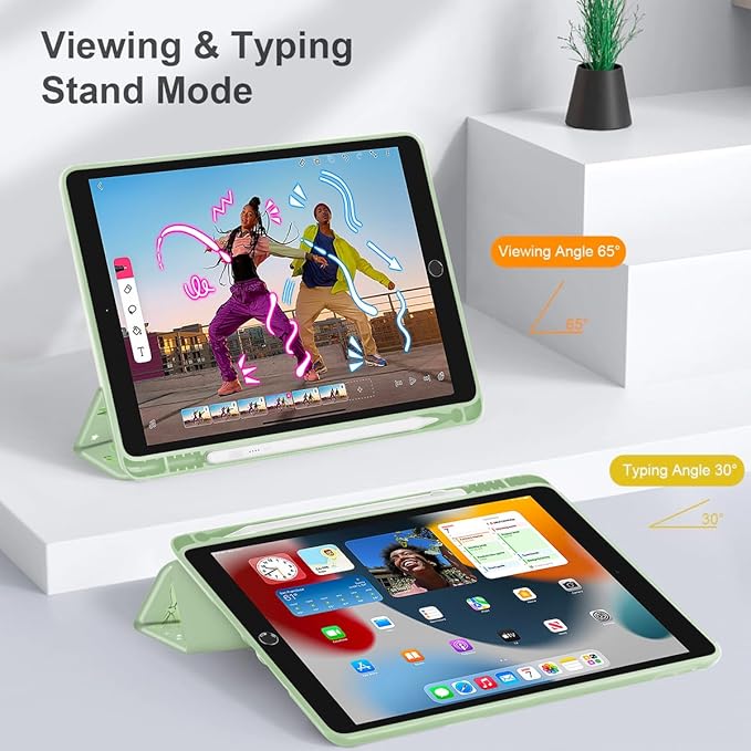 Tuiklol Case for iPad 10.2 Inch 2021 2020 2018 Release 9th / 8th / 7th Generation Built-in Pencil Holder TPU Protective Stand Back Cover Trifold Stand-Auto Wake/Sleep Bow-Green