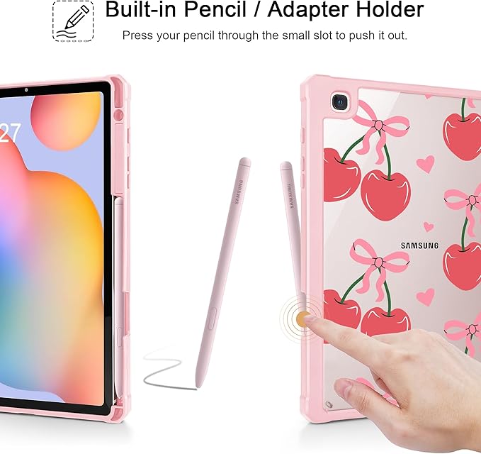 Mektron Case for Samsung Galaxy Tab S6 Lite 10.4 Inch 2024/2022/2020 with S Pen Holder Multi-Angle Viewing with Shockproof Cover Clear Shell + Trifold Stand + Auto Wake/Sleep Cherries Bows C353