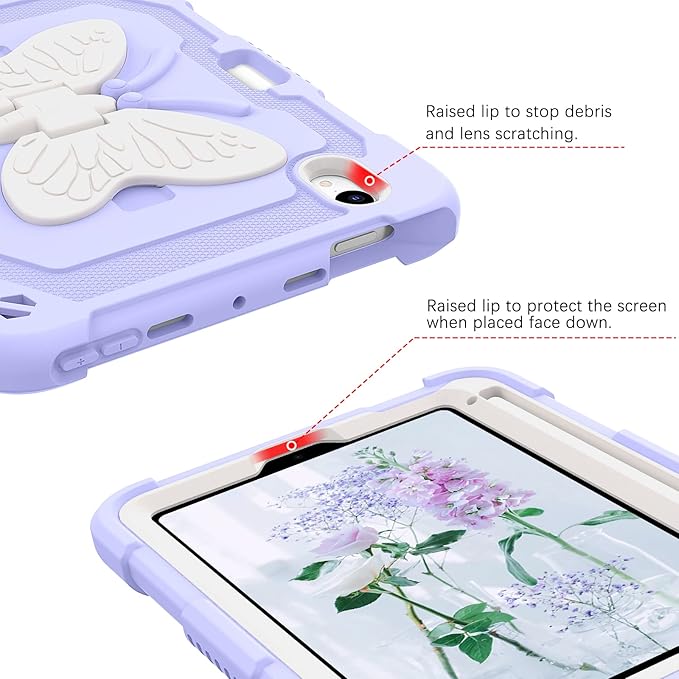 DUEDUE Case for iPad mini 7 (A17 Pro) 2024iPad mini 6 Case 2021 Butterfly Wings Kickstand with Pencil Holder Shockproof Protective Tablet Case for iPad mini 7th/6th Gen Kids Beige/Purple