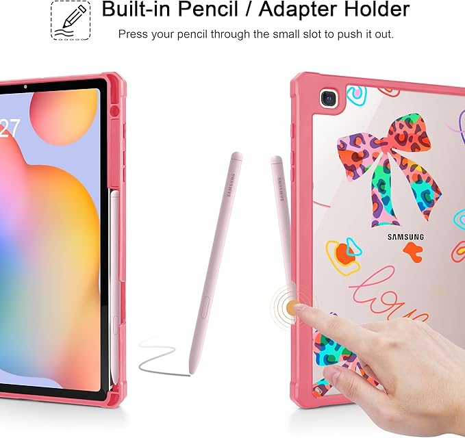 Mektron Case for Samsung Galaxy Tab S6 Lite 10.4 Inch 2024/2022/2020 with S Pen Holder Multi-Angle Viewing with Shockproof Cover Clear Shell + Trifold Stand + Auto Wake/Sleep Neon Bows-Red