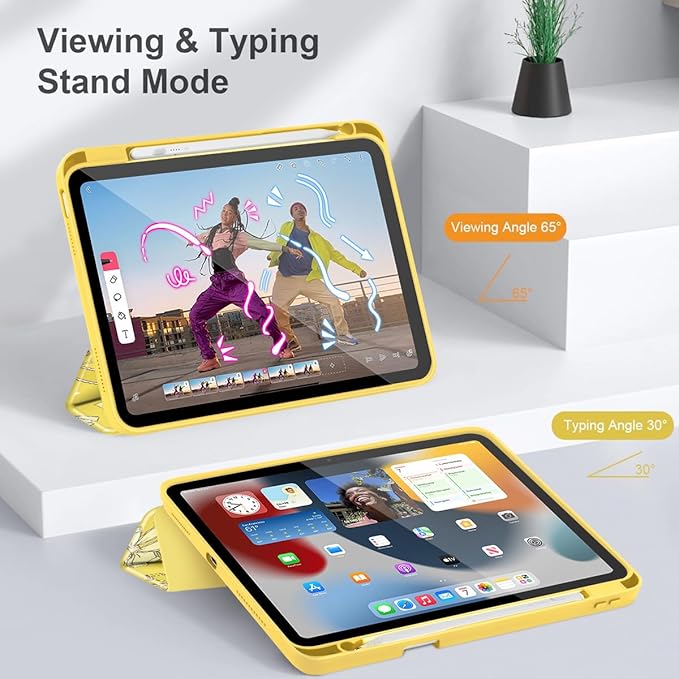 Tuiklol for iPad Pro 11 Inch Case M2 2022 Gen 4th -Built-in Pencil Holder Shockproof Cover Clear Transparent Back Shell Fit for iPad 11’’ 2021 2020 2018 Gen 3rd/2nd/1st for KidBow &amp Rose Yellow