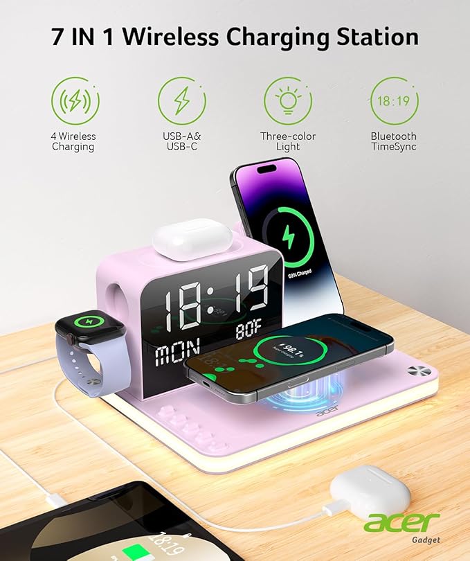 Acer 7-in-1 Wireless Charging Station with LED Clock - 30W Fast Wireless Charger for iPhone 16/15/14/13/12/Pro Max Apple Watch AirPods - Bluetooth Auto Time Sync &amp Night Lights (Purple)