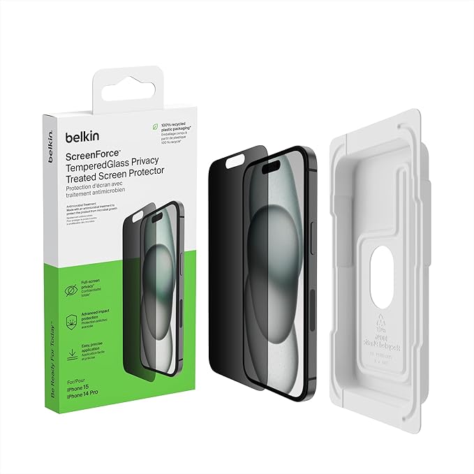 Belkin ScreenForce TemperedGlass Treated Privacy Screen Protector for iPhone 15 and 14 Pro - Slim &amp Scratch-Resistant - Includes Easy Align Tray for Bubble Free Application
