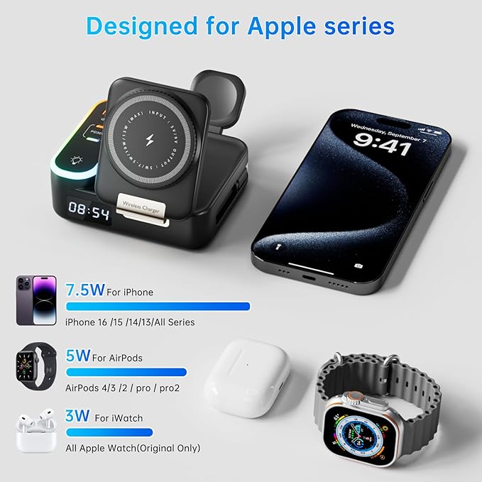 Qi2 Wireless Charger 8in1 Magnetic Wireless Charger Fast Charging Station for iPhone 65W Fast Foldable Charger with LED Clock USB-C/A Ports Multi-Device Charging Travel charged MagSafe Compatible