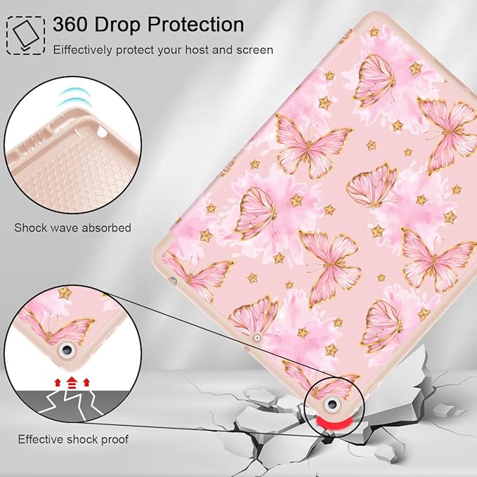 Tuiklol Case for iPad 10.2 Inch 2021 2020 2018 Release 9th / 8th / 7th Generation Built-in Pencil Holder TPU Protective Stand Back Cover Trifold Stand-Auto Wake/Sleep Butterfly Pink