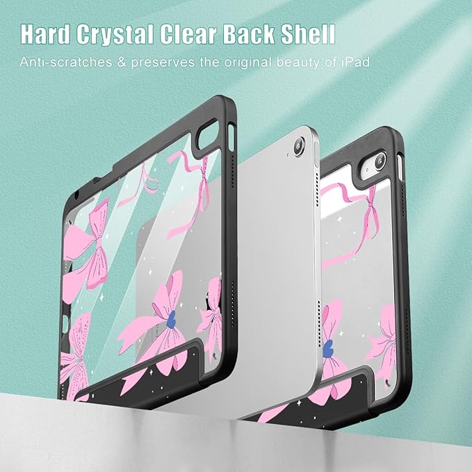 May Chen for iPad (A16) 11th Generation Case 11 Inch 2025 iPad 10th Gen Case 2022 10.9 inch Built-in Pencil Holder with Shockproof Cover Clear Transparent Back Shell Auto Wake/Sleep Black Cute Bows