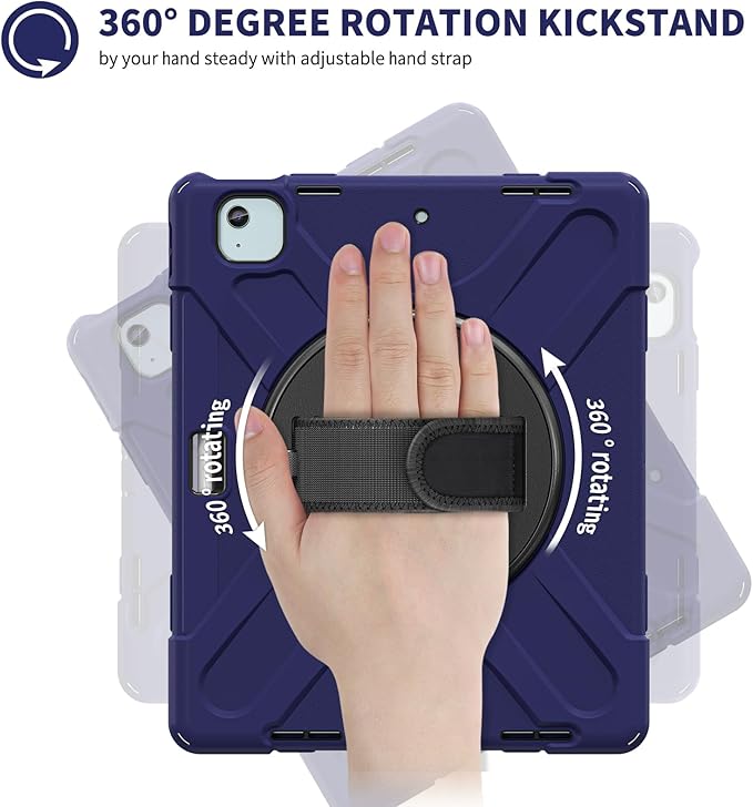for iPad Air 13-inch M2 (2024) A2898/A2899 for iPad Pro 12.9 Rugged Case Portable Heavy Duty Shock-Proof Armor Cover with Swivel Kickstand/Hand Grip Shoulder Strap Pencil Holder (Navy)