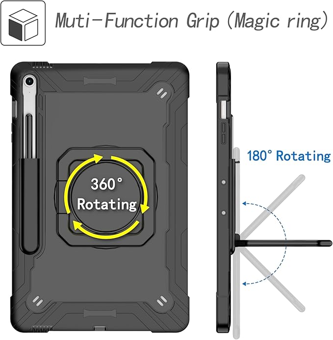 DETUOSI Case for Samsung Galaxy Tab S10 FE Plus 13.1 inch 2025 with Pencil Holder Heavy Duty Shockproof Case with Rotatable Stand &amp Shoulder Strap Black