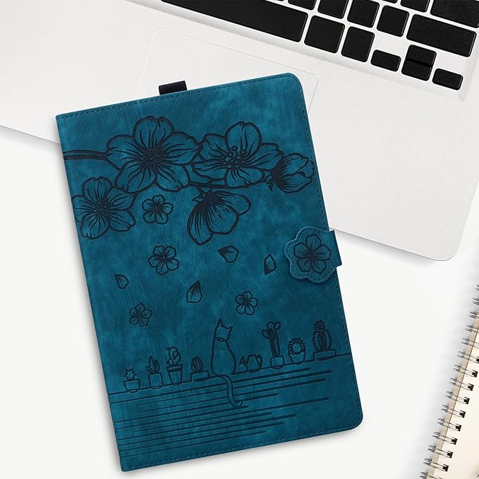 Case for Samsung Galaxy Tab S10 FE+/S10 FE Plus 13.1 Inch 2025 (SM-X620/SM-X626B) with Pencil Holder/Pockets Folio Stand Embossed Cherry Blossom PU Leather Magnetic Wallet Cover Blue Cat