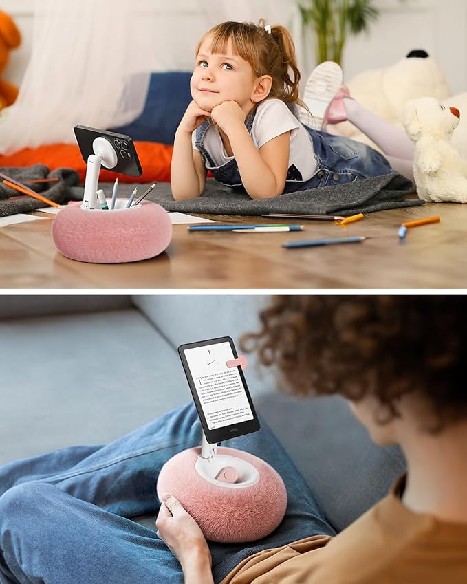 Viozon Phone Holder for Bed Magnetic Pillow Stand Compatible with 4-7 Phone/Kindle with Small Storage Removable Suction Base for Stability Idea for Kindle Reading and Video Watching On BedPink