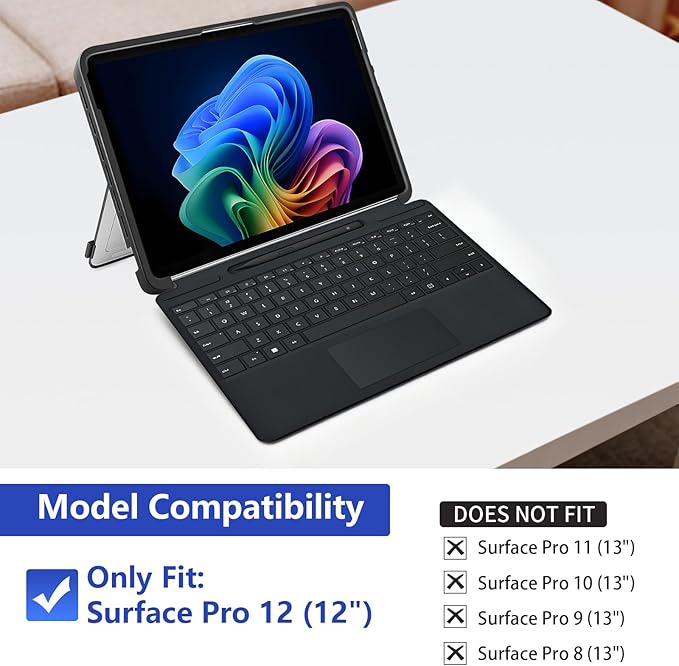 Protective Case for Microsoft Surface Pro 12 inch 2025 | Fall-Resistant Cover with Hand Strap | Compatible with Built-in Kickstand &amp Magnetic Slim Pen Storage &amp Type Cover Keyboard | Gray
