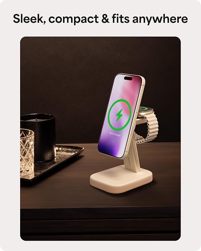 Mophie 2-in-1 Wireless Charging Stand - Qi2-Certified MagSafe Charger for iPhone &amp Apple Watch – Fast Charging Station with Adjustable Phone Stand &amp Cable Management – Up to 15W Power