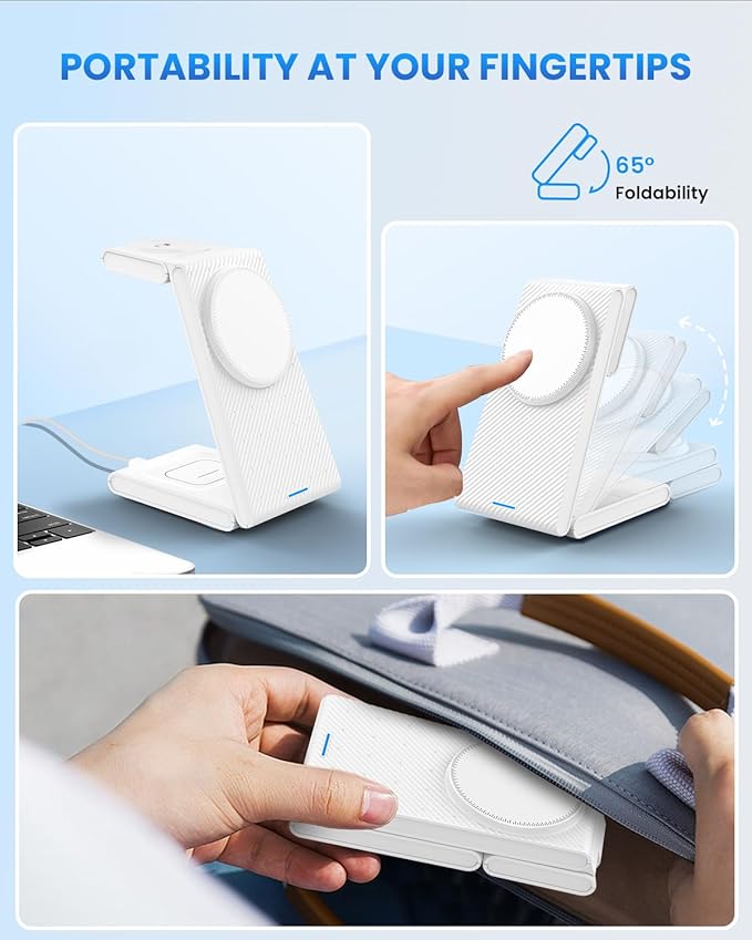 Wireless Charger Magnetic for Apple Devices - JoyGeek 3 in 1 Foldable Charging Station for Magsafe Compatible with iPhone 16 15 14 13 12 Pro Max Plus Apple Watch 10 9 8 7 6 5 4 SE AirPods 4/3/2/Pro