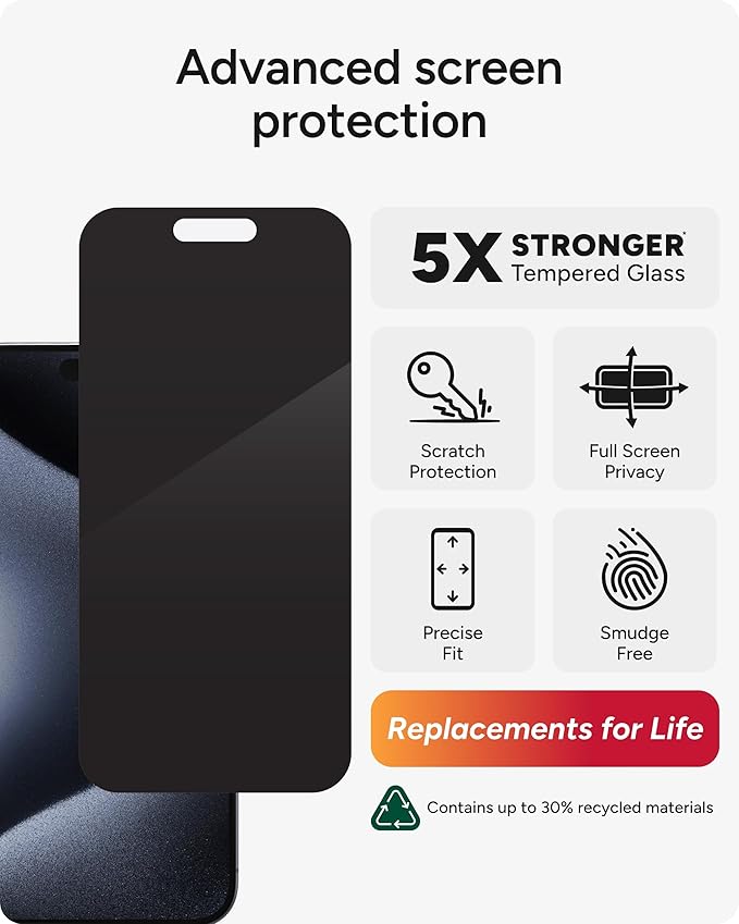 ZAGG InvisibleShield Glass Elite Privacy 360 iPhone 15 Pro Max Screen Protector - 5X Stronger with Reinforced Edges 4-Way Privacy Filter Scratch &amp Smudge-Resistant Surface Easy to Install