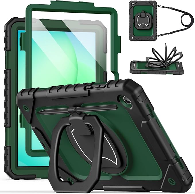 Cantis Case for Samsung Galaxy Tab A11 Plus 11 Inch 2026 (SM-X230/X236/X238) Shockproof Case for Tab A11+ with Screen Protector/Rotating Stand/Pen Holder/Shoulder Strap Black+AlpineGreen