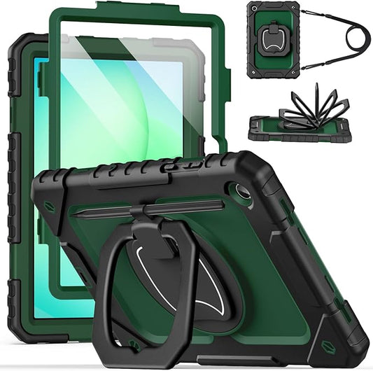 Cantis Case for Samsung Galaxy Tab A11 Plus 11 Inch 2026 (SM-X230/X236/X238) Shockproof Case for Tab A11+ with Screen Protector/Rotating Stand/Pen Holder/Shoulder Strap Black+AlpineGreen