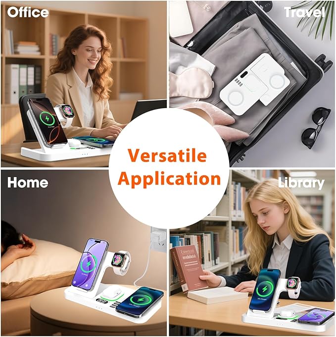 Dual Phone Magnetic Wireless Charging Station for Apple Devices/Apple Ecosystemwith Auto-Switch 7-Color Light &amp Clock Compatible with iPhone 17/16/15 for iWatch 11/10/9 &amp AirPods Pro3（White