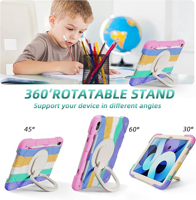 case for iPad (A16) 11th Generation 11 Inch (2025)iPad 10th Generation 10.9 Inch(2022)with[Tempered Glass Screen Protector] [Pencil Holder] 360° Rotating Handle Stand (Rainbow)