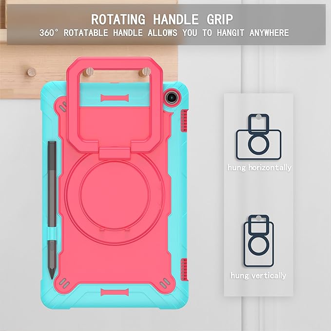 Case for Amazon Fire Max 11 inch Tablet (13th Generation 2023 Release) Hybrid Shockproof 360 Rotating Multi-Functional Ring Stand Case with Shoulder Straps (Teal/Pink)