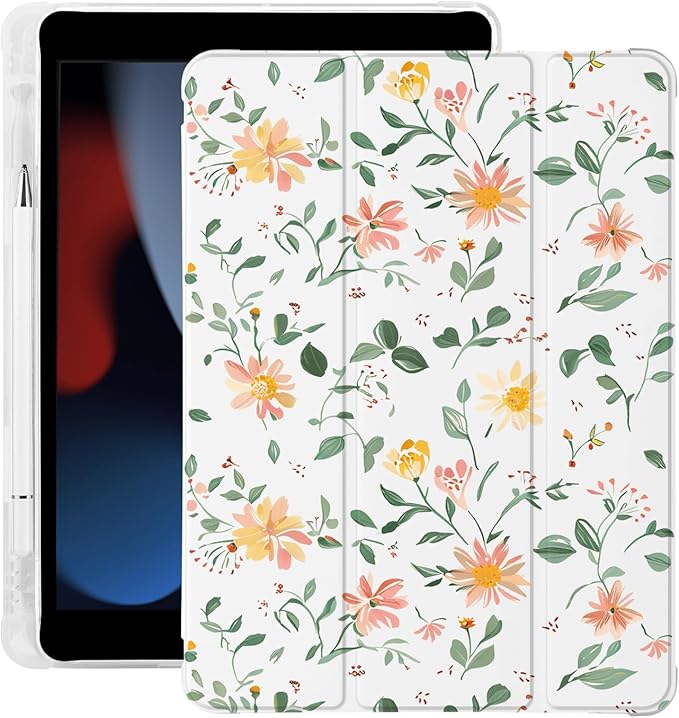 Cute Leaves Floral Flower for iPad Pro 13 Inch Case (M5/M4) 2025/2024 with Pencil Holder Auto Sleep/Wake Leather Soft TPU Back Cover