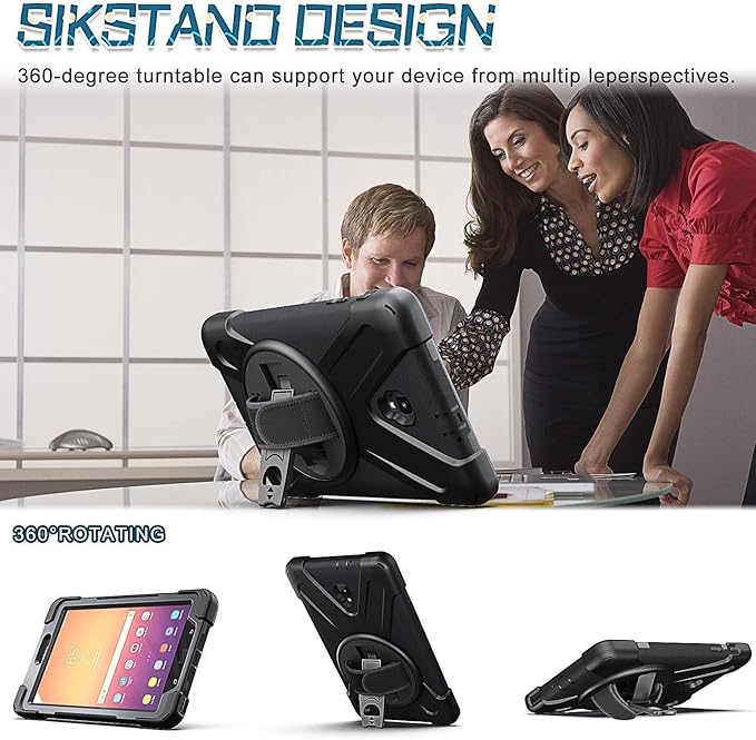 Case for Samsung Galaxy Tab A 8.0 Released 2017 Tablet SM-T380/SM-T385 360 Rotating Kickstand Hand Shoulder Strap Shockproof Rugged Kids Cover Black
