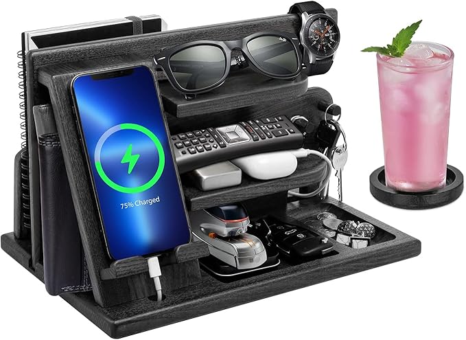 Gifts for Men Christmas Wood Phone Docking Station Mens Gifts for Birthday or Gifts for Dad Fathers Day Desk Workspace Organizer Nightstand Organizer Key for Wallet &amp Watch Holder Husband Chris