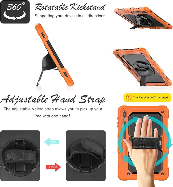 Case for Samsung Galaxy Tab S8 Plus 2022/S7 FE/S7 Plus 5G 12.4-inch Tablet Case Protective [with Screen Protector] Rotatable Kickstand S Pen Holder Hand/Shoulder Strap (Orange)