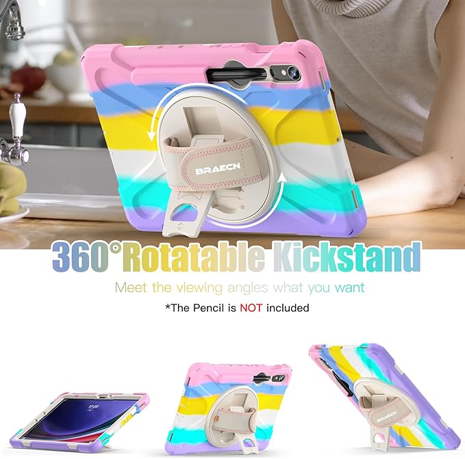 BRAECNstock Kids Case for Samsung Galaxy Tab S10 Lite/ S10 FE/ S9 FE/ S9/ S8/ S7 5G 10.9/ 11 Shockproof Protective Case with Pen Holder Rotating Hand Strap &amp Stand Shoulder Strap Colorful Pi