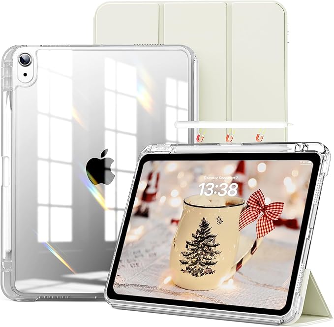 kenke Hybrid Case for iPad Air 11 Inch (M3) 2025 / (M2) 2024 iPad Air 5th/4th Gen 2022/2020 10.9 Inch with Pencil Holder Detachable Cover with Clear Hard Back Shell Auto Sleep/Wake Cream White